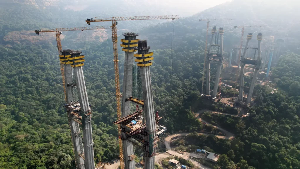 The new 180-meter high cable-stayed bridge on the Mumbai Pune Expressway Missing Link Status Image.